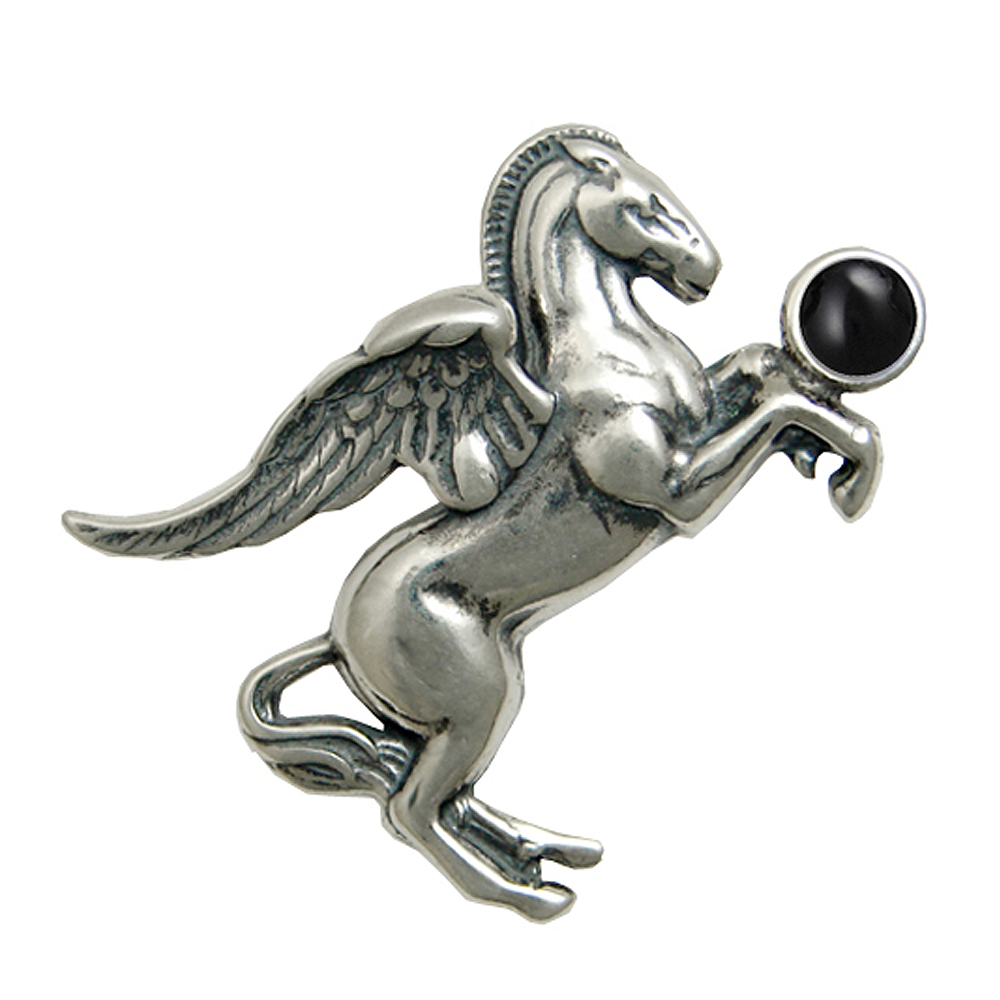 Sterling Silver Greek Winged Horse Pegasus Pendant With Black Onyx